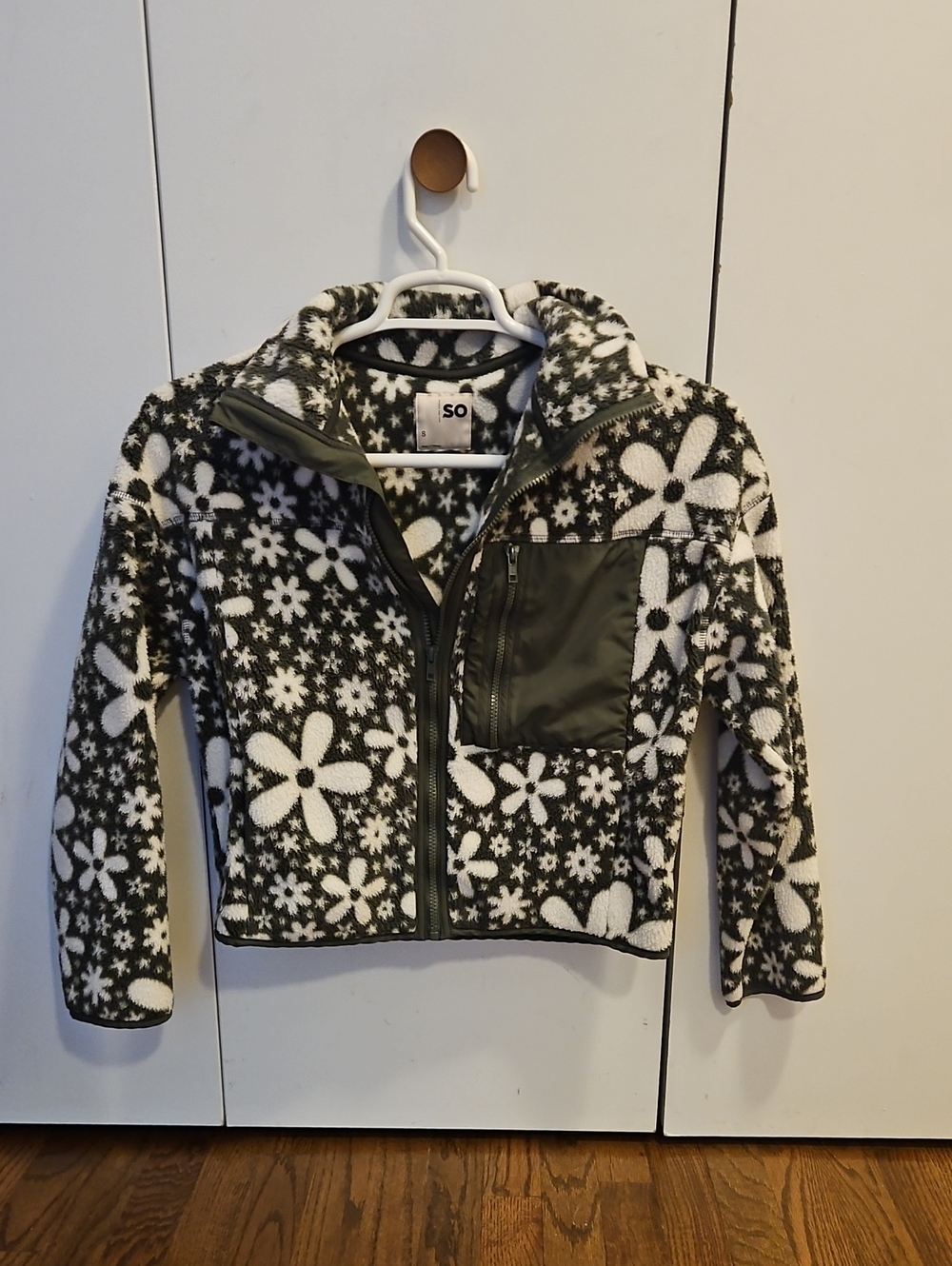 SO Olive & White Floral Fleece Puffer Jacket